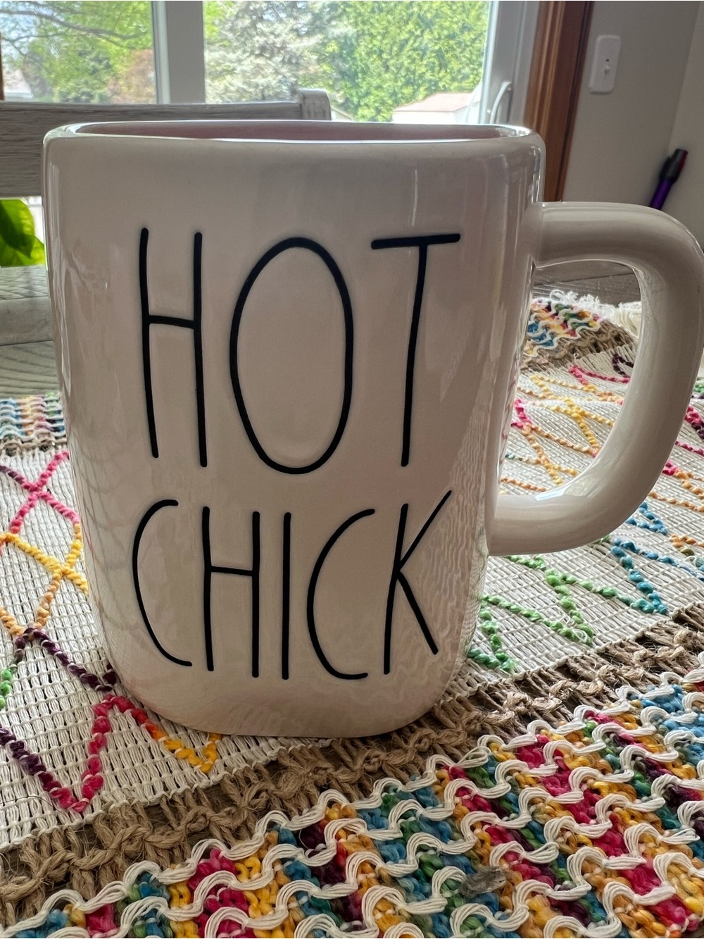 Rare Rae Dunn White Mug with pink interior & Black "HOT CHICK" Lettering